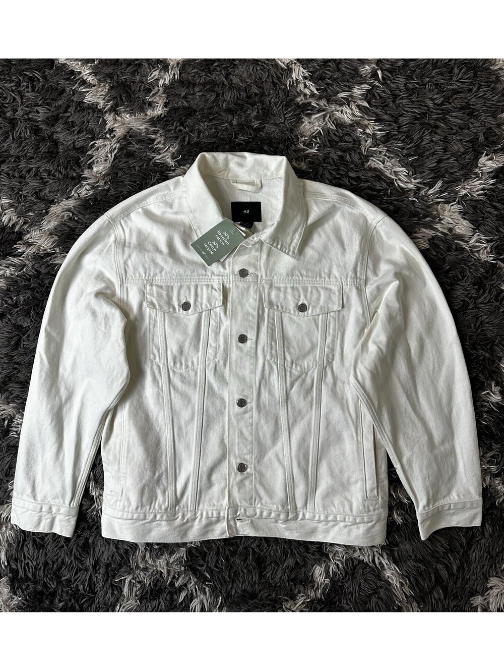 NWT H&M Men's Large Denim Jacket Off-White Cream Trucker Jean Jacket Sustainable